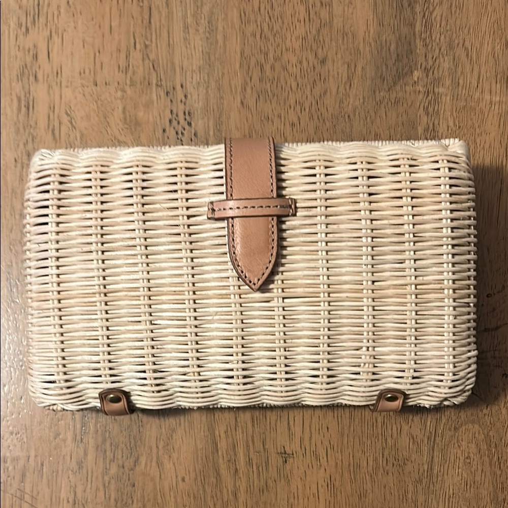 Tan Woven Clutch with Leather Trim and Strap Closure
